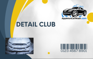 Detail Club membership card offering 50% off services, two detailings, ceramic wax, and hand washes for one year at Appleton Car Wash.