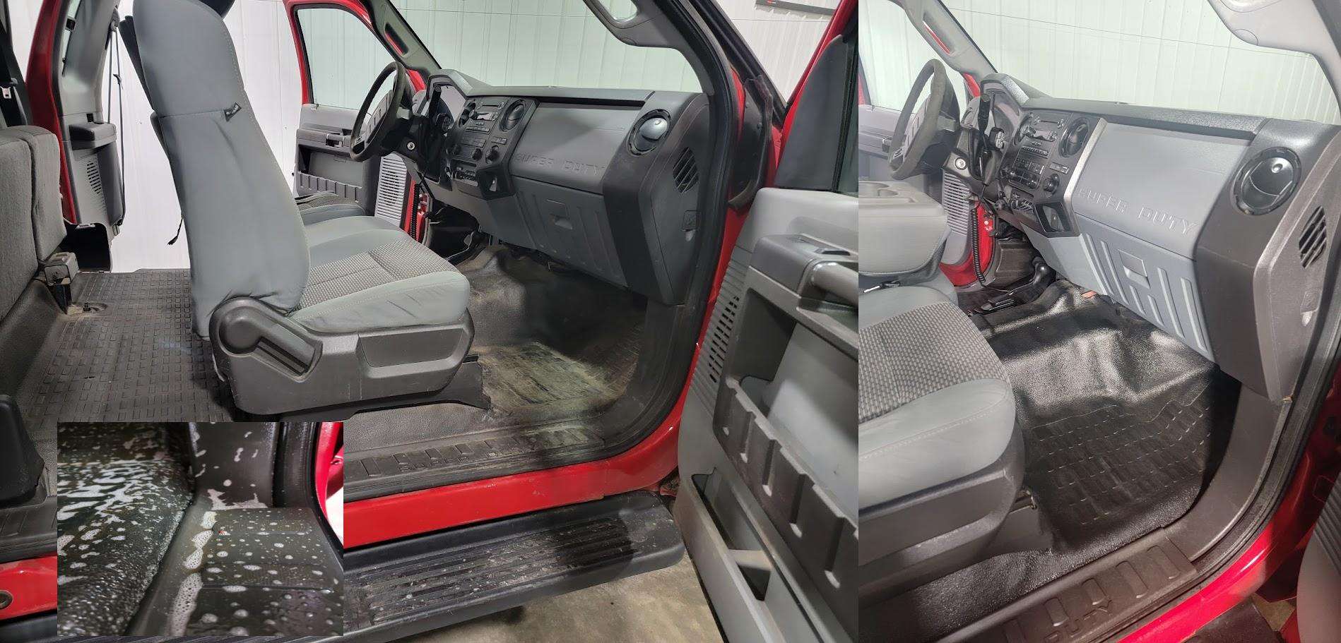 Before and after interior deep cleaning of a red truck at Appleton Car Wash, showing spotless results