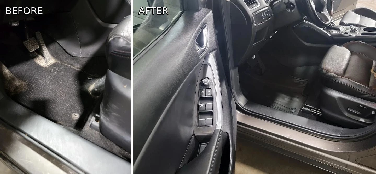 Before and after image showing the full interior and exterior car detailing process