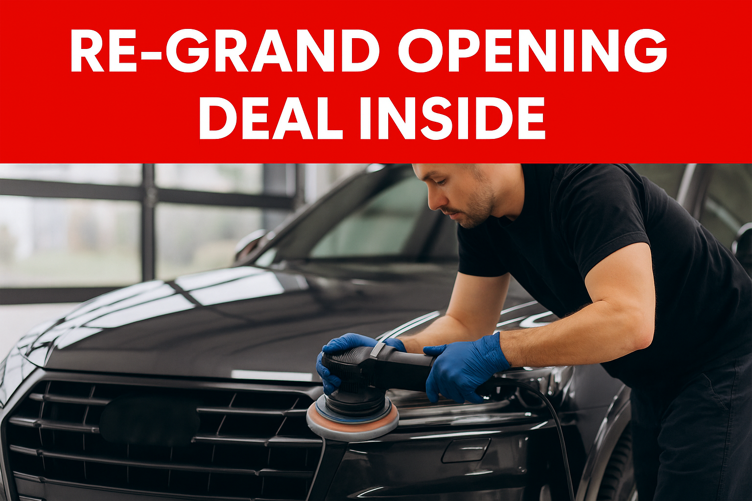 Red banner promoting a re-grand opening special: free exterior wax with every interior deep clean at a Wisconsin detail shop, with a detailer working on a car in the background.